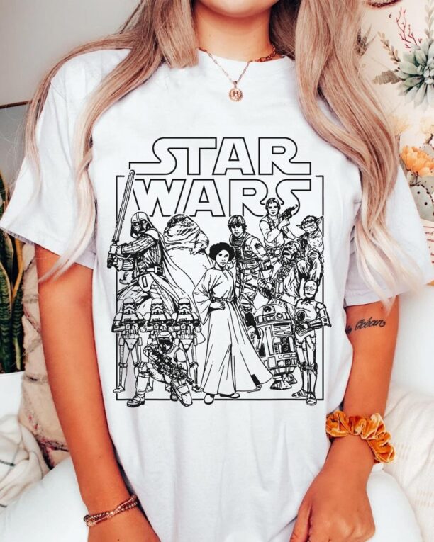 Retro Star Wars Movie Poster Group Characters Shirt, Princess Leia Darth Vader Stormtrooper, Hollywood Studio