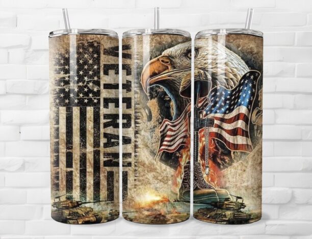 Veteran American Flag Tumbler - Insulated Stainless Steel 20 oz. Skinny Tumbler with Lid and Straw