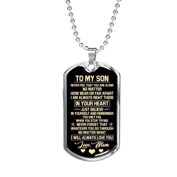 Heart black background dog tag necklace to my son right there in your heart, love mom, father's day gift, gift for son