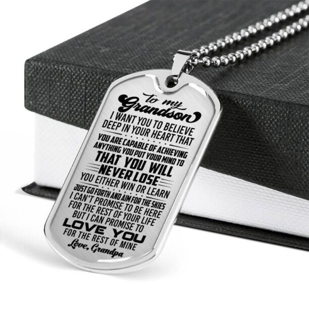 Family dog tag necklace to my grandson, in your heart you will never lose, love grandpa, father's day, gift for grandson