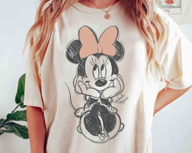 Disney Minnie Mouse Classic Sketch Cute Vintage Portrait T-Shirt, Mickey And Friends Tee