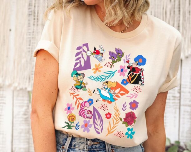 Retro Boho Wildflower Alice in Wonderland Shirt, Alice Cheshire Cat Queen Of Heart Mad Hatter