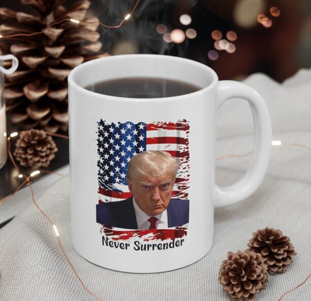 Donald Trump Mugshot Mug, Never Surrender Mug, Trump Mugshot Coffee Mug