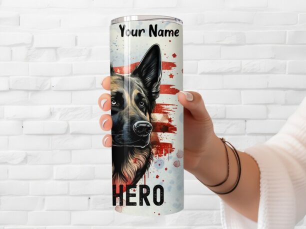 German Shepherd K-9 Tumbler - Insulated Stainless Steel 20 oz. Skinny Tumbler with Lid and Straw - Can be Personalized