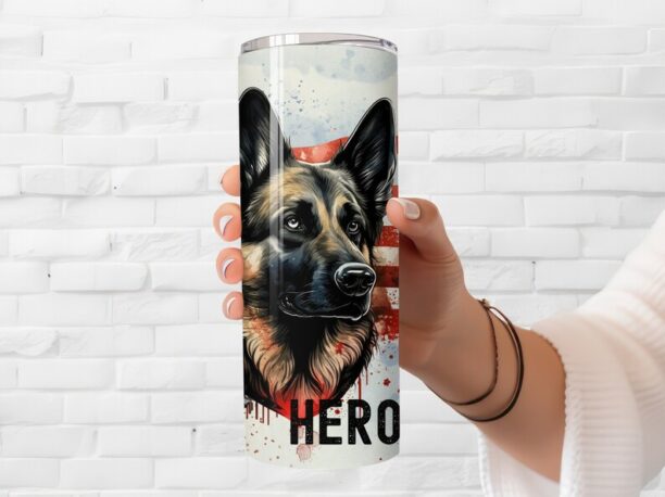 German Shepherd K-9 Tumbler - Insulated Stainless Steel 20 oz. Skinny Tumbler with Lid and Straw - Can be Personalized