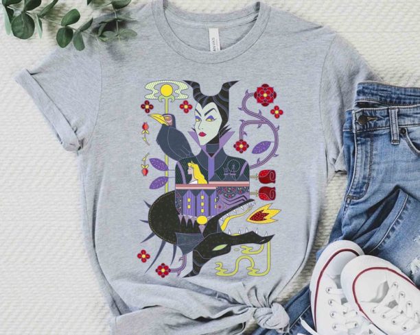 Disney Sleeping Beauty Villains Maleficent Playing Card Graphic Tee T-Shirt, Aurora Princess Tee