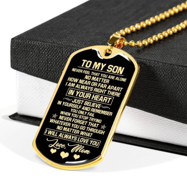 Heart black background dog tag necklace to my son right there in your heart, love mom, father's day gift, gift for son