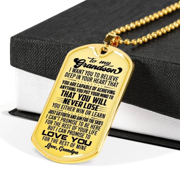 Family dog tag necklace to my grandson, in your heart you will never lose, love grandpa, father's day, gift for grandson