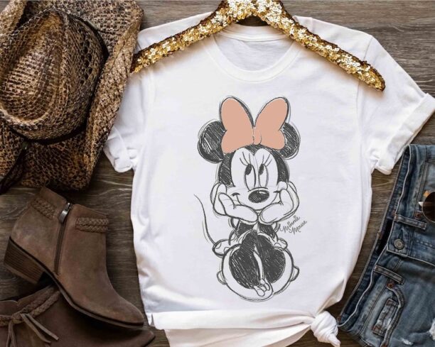 Disney Minnie Mouse Classic Sketch Cute Vintage Portrait T-Shirt, Mickey And Friends Tee