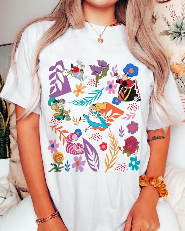 Retro Boho Wildflower Alice in Wonderland Shirt, Alice Cheshire Cat Queen Of Heart Mad Hatter