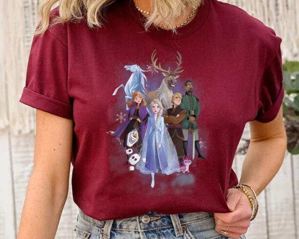 Disney Frozen 2 Group Shot Walking Into Forest T-shirt, Anna Kristoff Olaf Tee