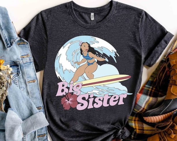 Disney Lilo & Stitch Big Sister Nani Surfing Portrait Shirt, Stitch and Angel Matching Tee