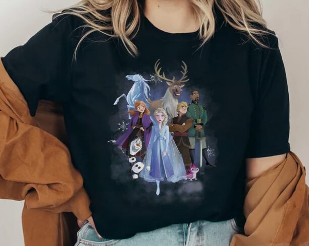 Disney Frozen 2 Group Shot Walking Into Forest T-shirt, Anna Kristoff Olaf Tee