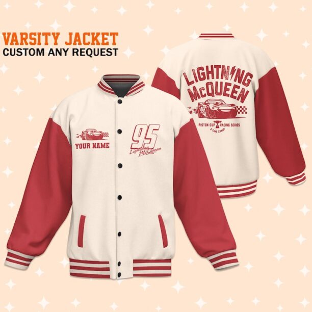 Personalize Cars Lightning McQueen Piston Cup Racing Series Red Style Varsity Jacket,Baseball Outfit, Adult Jacket