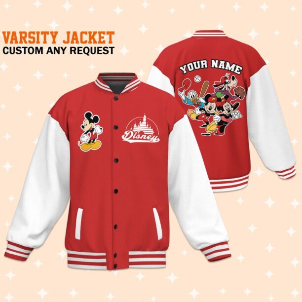 Personalize Mickey Castle Logo Red White Color Varsity Jacket, Matching Baseball Team Outfit,Adult Varsity Jacket