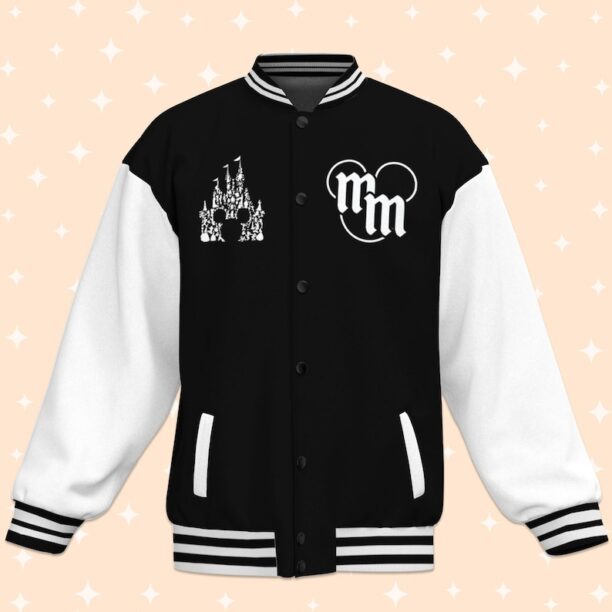 Personalize Disney Mickey Head Castle Black Varsity Jacket, Matching Baseball Team Outfit, Adult Varsity Jacket