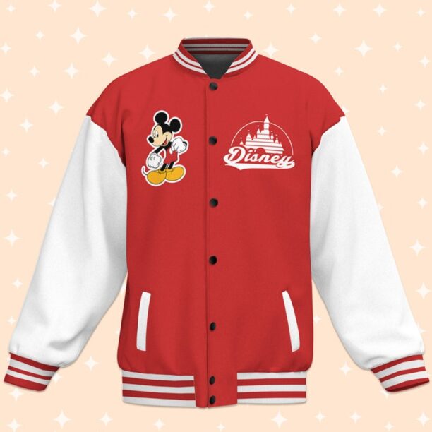 Personalize Mickey Castle Logo Red White Color Varsity Jacket, Matching Baseball Team Outfit,Adult Varsity Jacket