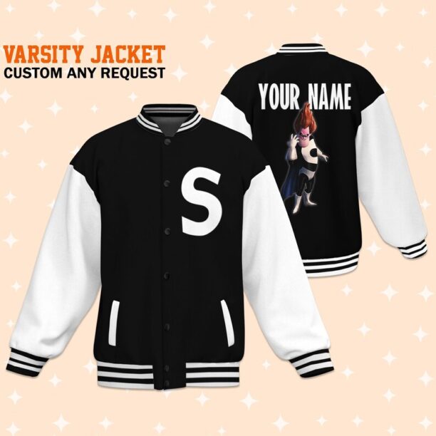 Personalized Disney The Incredibles Syndrome Black And White Varsity Jacket,Baseball Team Outfit,Baseball Team Outfit