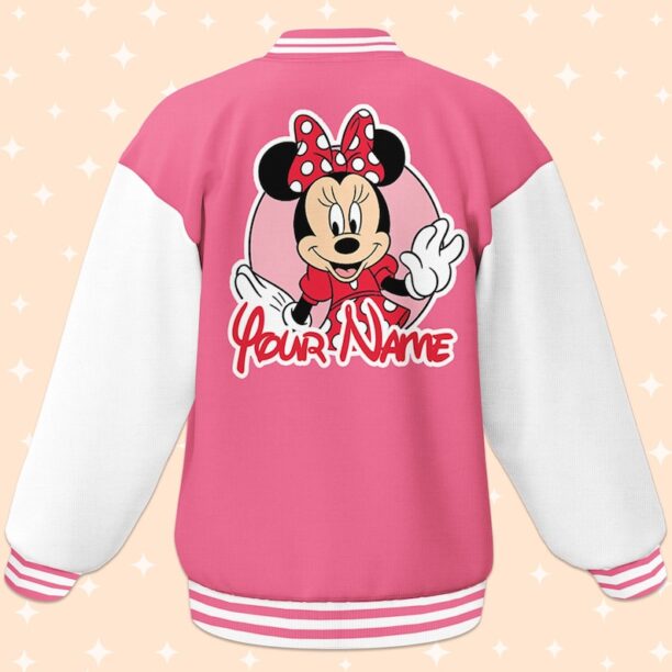 Custom Minnie Pink Varsity Jacket, Adult Varsity Jacket, Personalized Disney Jacket, Baseball Team Outfit