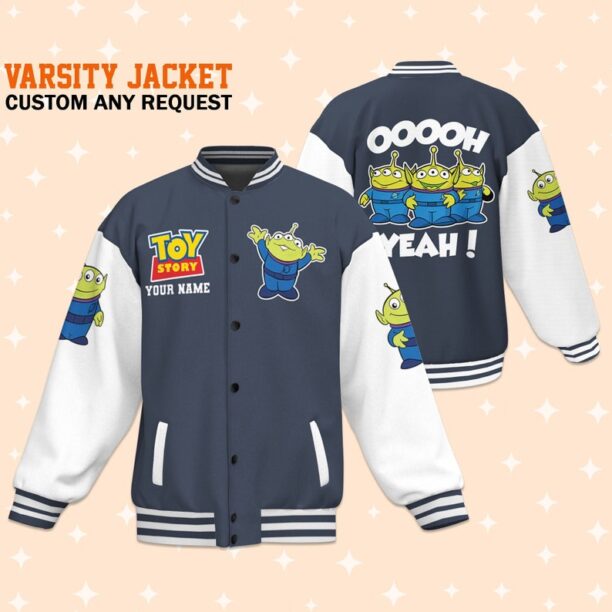 Personalize Toy Story Aliens OOOOH Yeah Varsity Jacket, Adult Varsity Jacket, Baseball Team Outfit