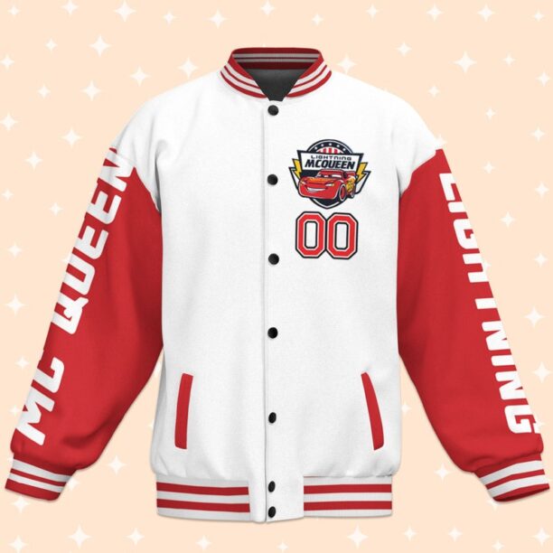 Custom Cars Lightning Mcqueen White Varsity Jacket, Adult Varsity Jacket, Personalized Disney Jacket, Baseball Outfit