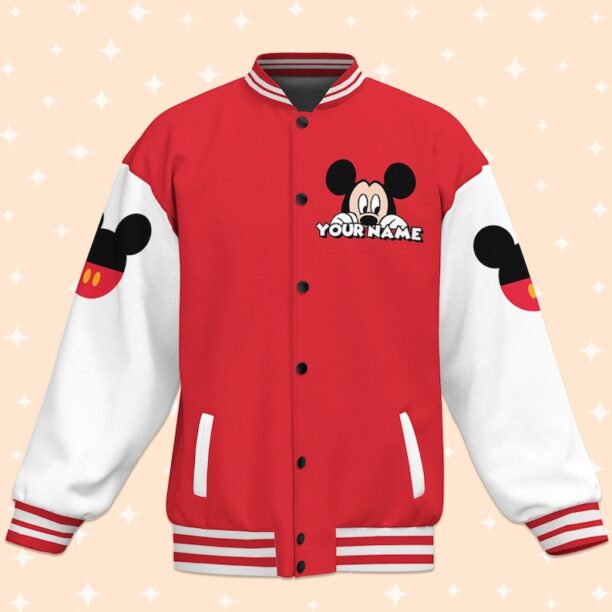 Personalize Jersey Mickey Smile Red White Varsity Jacket, Adult Varsity Jacket, Baseball Team Outfit