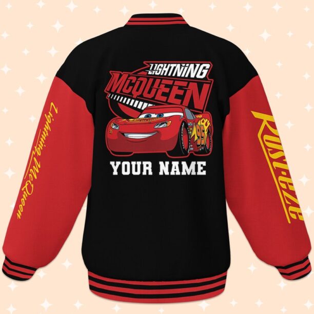 Personalize Lightning Mcqueen Black And Red Varsity Jacket, Adult Varsity Jacket, Baseball Team Outfit