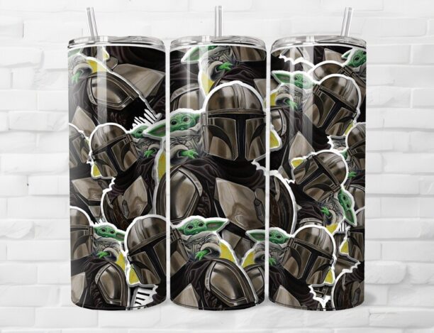 Mandalorian Star Wars Themed Tumbler - Insulated Stainless Steel 20 oz. Skinny Tumbler with Lid and Straw - Can be
