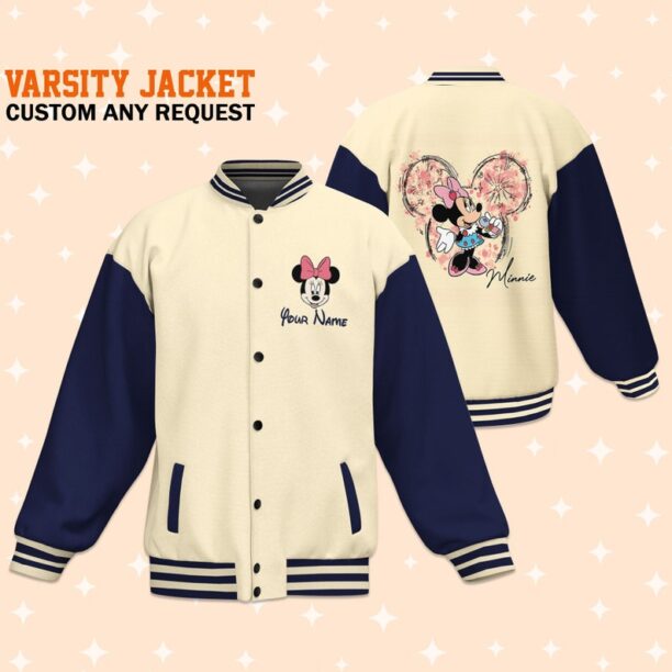 Personalize Minnie Mouse Music Varsity Jacket, Matching Baseball Team Outfit, Adult Varsity Jacket,Custom Disney Jacket