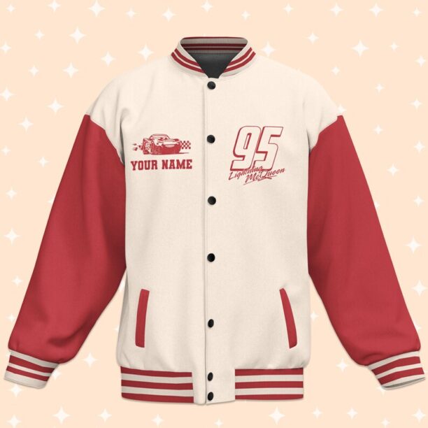 Personalize Cars Lightning McQueen Piston Cup Racing Series Red Style Varsity Jacket,Baseball Outfit, Adult Jacket