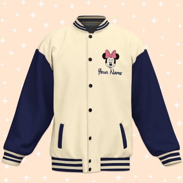 Personalize Minnie Mouse Music Varsity Jacket, Matching Baseball Team Outfit, Adult Varsity Jacket,Custom Disney Jacket