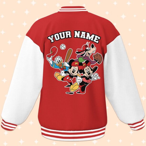 Personalize Mickey Castle Logo Red White Color Varsity Jacket, Matching Baseball Team Outfit,Adult Varsity Jacket