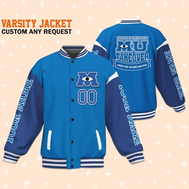 Custom Monster University Uniform Blue Arm Varsity Jacket, Baseball Outfit,Personalized Jacket, Baseball Team Outfit