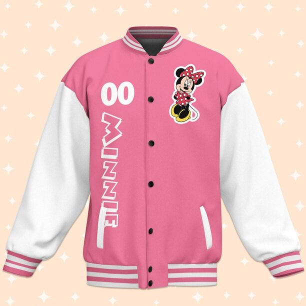 Custom Minnie Pink Varsity Jacket, Adult Varsity Jacket, Personalized Disney Jacket, Baseball Team Outfit