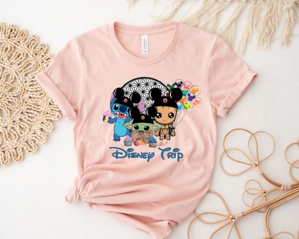 Disney Trip Mickey Ears Shirt, Disney Baby Yoda Stitch Groot Mickey Balloon T-Shirt, Disney Characters Tee