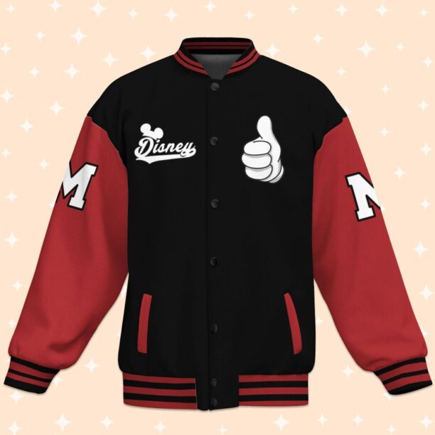 Personalize Mickey Play Baseball Red Black Varsity Jacket, Adult Varsity Jacket, Baseball Team Outfit