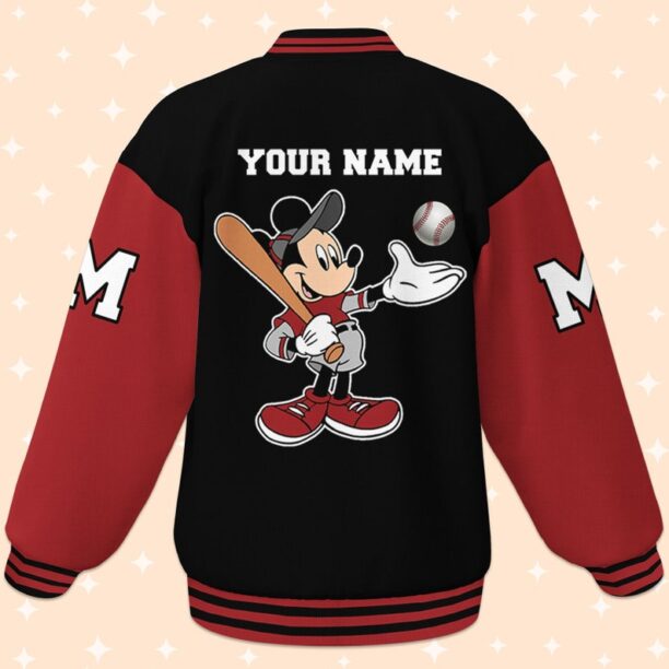 Personalize Mickey Play Baseball Red Black Varsity Jacket, Adult Varsity Jacket, Baseball Team Outfit