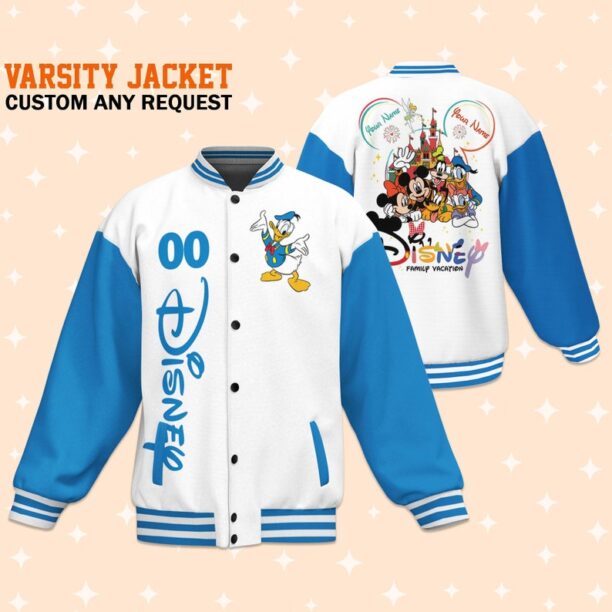 Custom Disney Family Vacation Donald Varsity Jacket, Adult Varsity Jacket, Personalized Jacket, Baseball Team Outfit