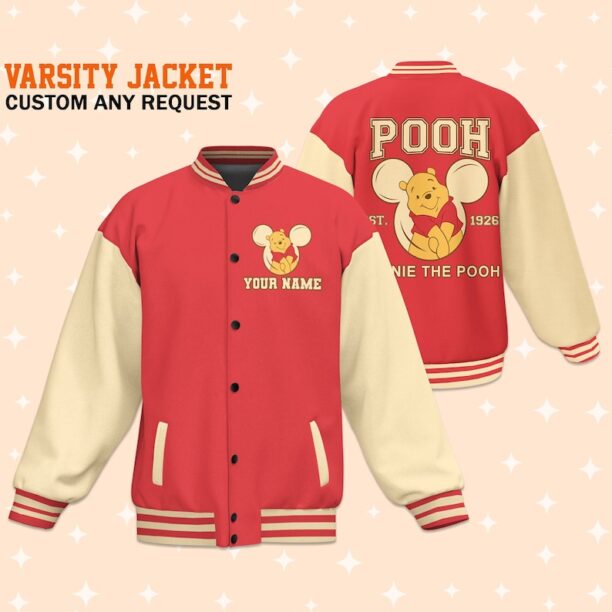 Personalize Winnie The Pooh Hundred Acre Woods Red, Adult Varsity Jacket, Uniform Varsity, Gift For Boyfriend, Besties