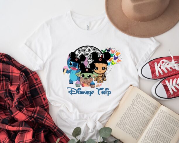 Disney Trip Mickey Ears Shirt, Disney Baby Yoda Stitch Groot Mickey Balloon T-Shirt, Disney Characters Tee