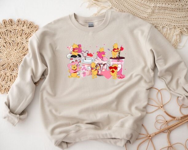 Valentine Pooh Coffee Pink Sweatshirt, Valentines Winnie The Pooh Hoodie, Coffee Lover Sweater, Valentine's Day