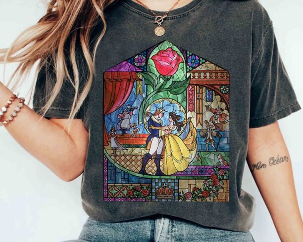 Disney Beauty & The Beast Stained Glass Rose Graphic Retro Shirt, Belle Beast Tee