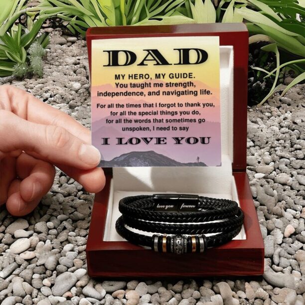 To My Dad Gift, My Hero Love You Forever Sentiments From Daughter or Son, Men Vegan Leather Bracelet, Father's Day