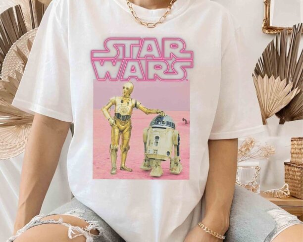 Funny Star Wars Droids R2-D2 C-3PO Pink Neon Title Portrait Shirt