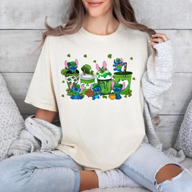 Disney Stitch Coffee Happy St Patrick's Day Shirt, Stitch With Pot Of Gold Shirt Hoodie Sweatshirt