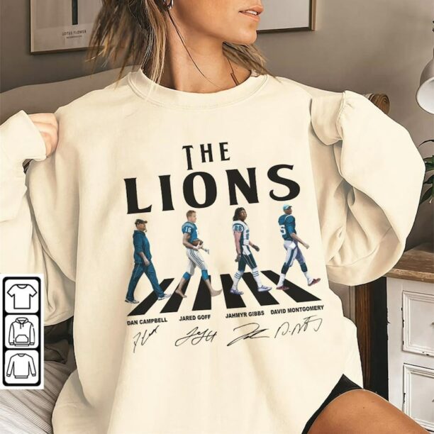 Lions Walking Abbey Road Signatures Football Shirt, Dan Campbell, Jared Goff, Jahmyr Gibbs, David Montgomery