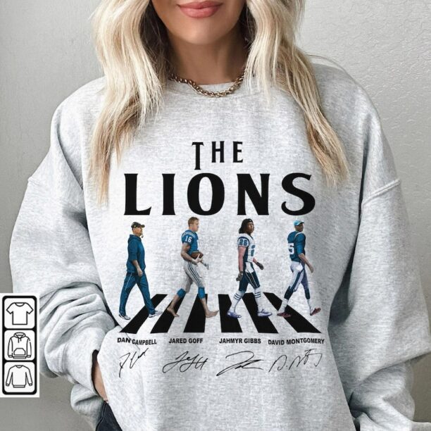 Lions Walking Abbey Road Signatures Football Shirt, Dan Campbell, Jared Goff, Jahmyr Gibbs, David Montgomery