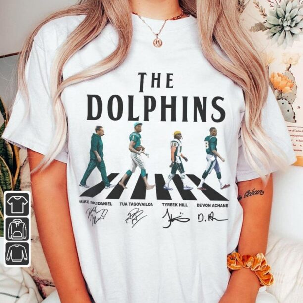 Dolphins Walking Abbey Road Signatures Football Shirt, Mike McDaniel, Tua Tagovailoa, Tyreek Hill, De’Von Achane