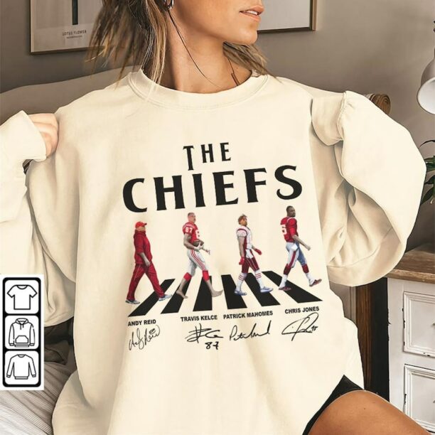 Chiefs Walking Abbey Road Signatures Football Shirt, Andy Reid, Travis Kelce, Patrick Mahomes, Chris Jones