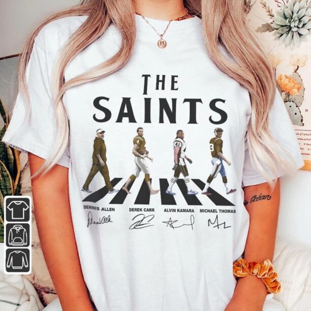 Saints Walking Abbey Road Signatures Football Shirt, Dennis Allen, Derek Carr, Alvin Kamara, Michael Thomas